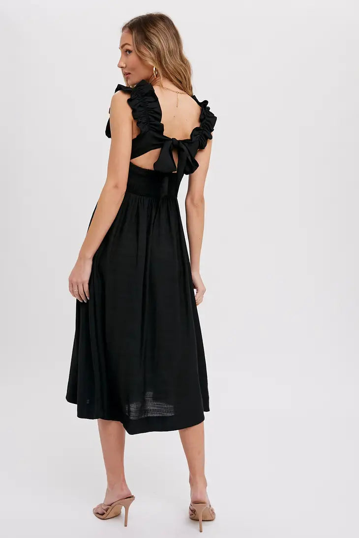 Ruffle Strap Black Midi Dress