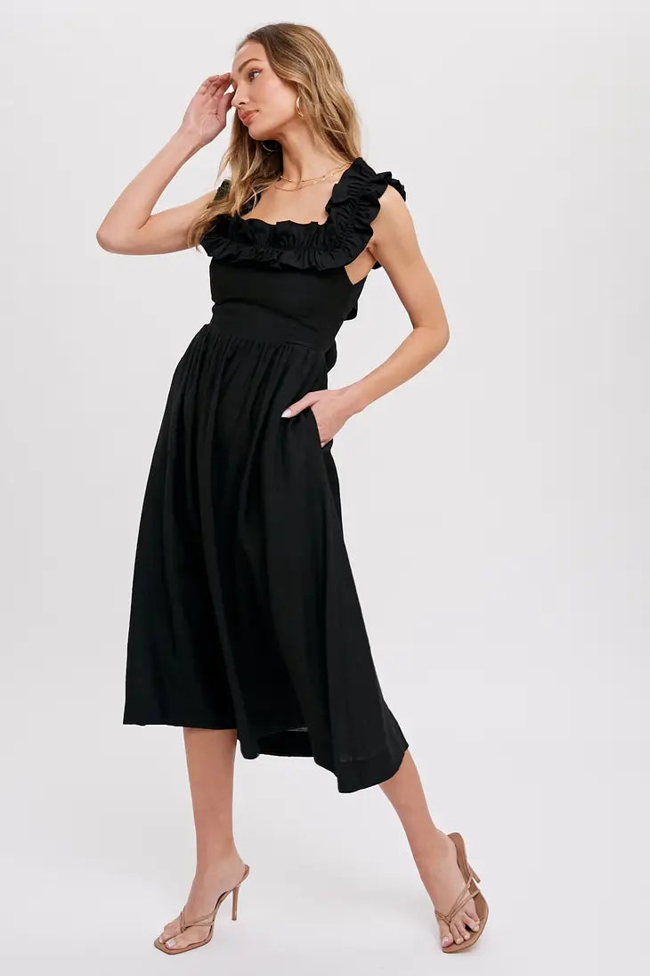 Ruffle Strap Black Midi Dress