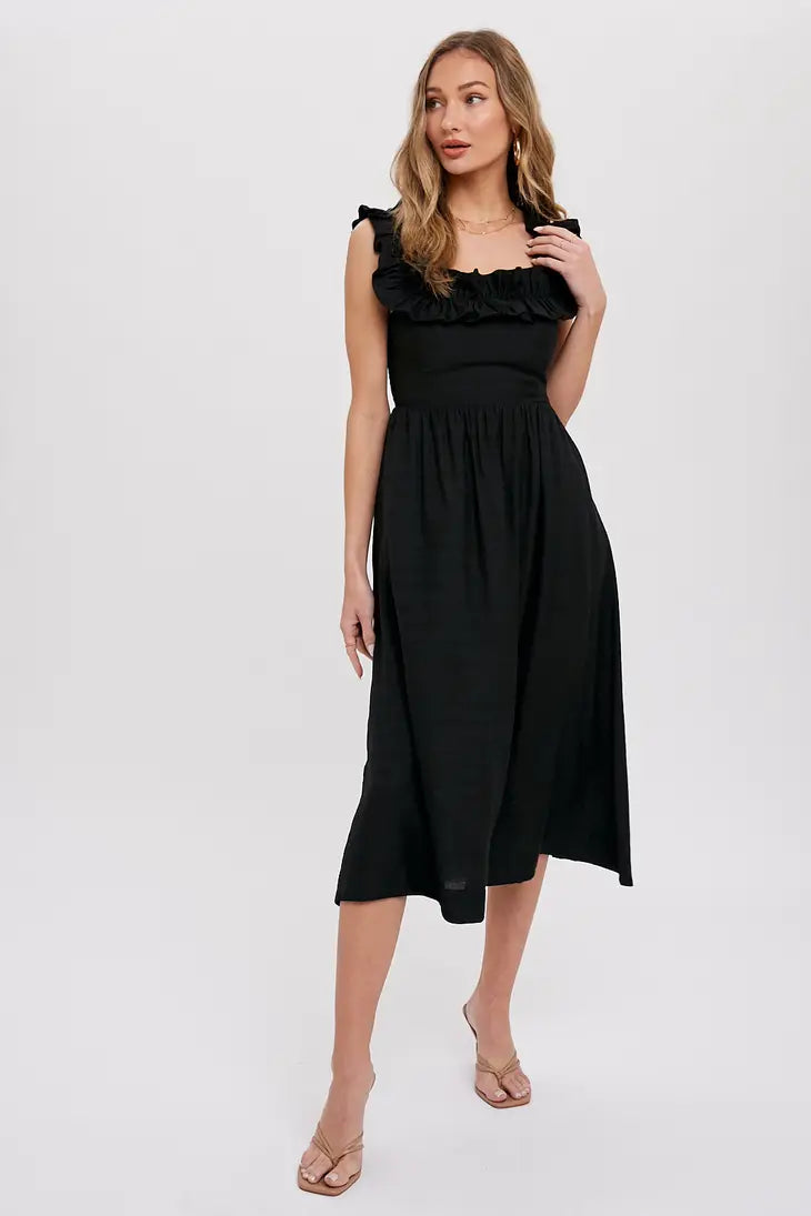 Ruffle Strap Black Midi Dress