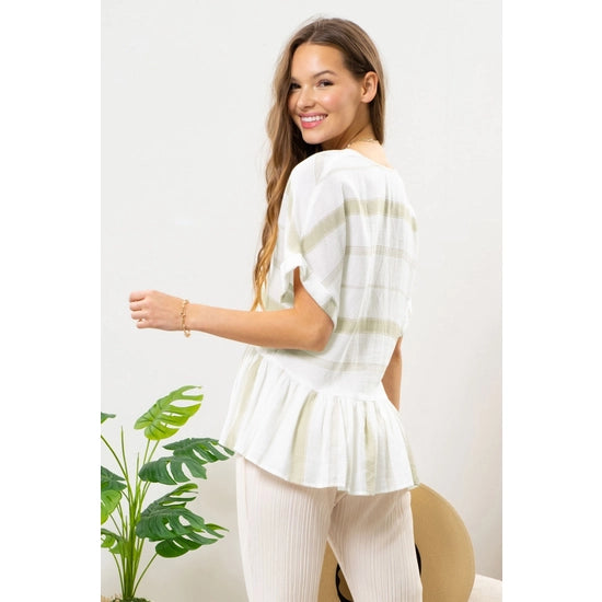 Olive Green Striped Peplum Top