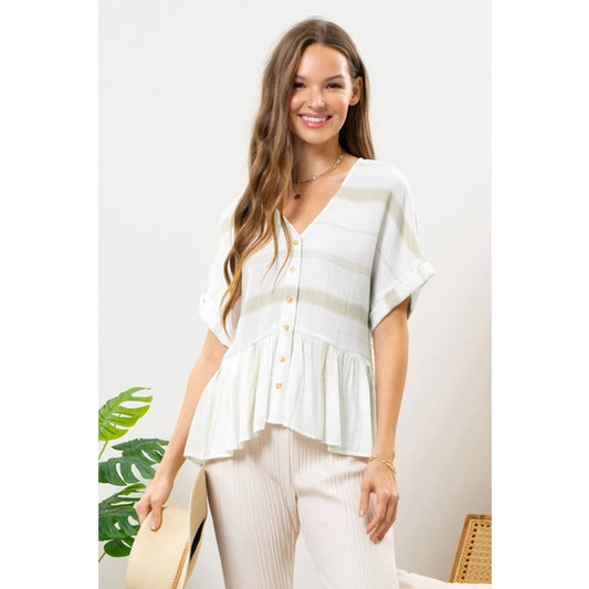 Olive Green Striped Peplum Top